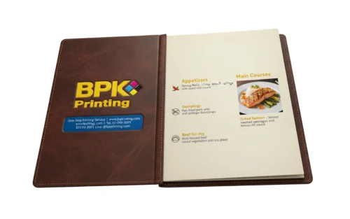 รับพิมพ์เมนูปกหนัง เมนูปกหนังพรีเมียม พิมพ์โลโก้ร้านอาหาร เคลือบกันรอยทนน้ำ