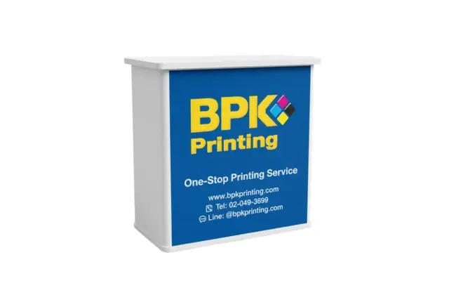 โต๊ะชงชิมเคาน์เตอร์ออกบูธพิมพ์ลายครบสี พร้อมโลโก้บริษัทโดย BPK Printing