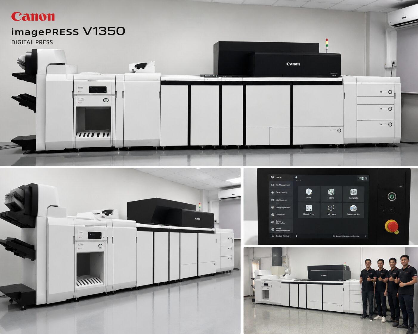 ทีมช่างติดตั้งเครื่องพิมพ์ดิจิทัล Canon imagePRESS V1350 ภายในพื้นที่ผลิตงานพิมพ์ พร้อมภาพเครื่องมุมด้านหน้า มุมเฉียง หน้าจอควบคุมการทำงาน และภาพทีมงานหลังการติดตั้งเสร็จสมบูรณ์ แสดงศักยภาพการผลิตงานพิมพ์คุณภาพสูงสำหรับงานเชิงพาณิชย์และองค์กรขนาดใหญ่