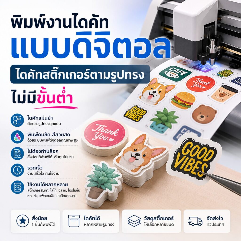 พิมพ์งานไดคัทแบบดิจิตอล ไดคัทสติ๊กเกอร์ตามรูปทรง ไม่มีขั้นต่ำ