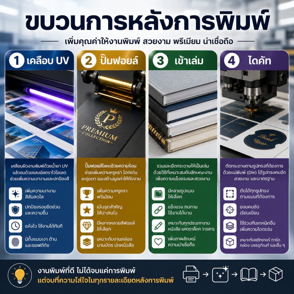 ขบวนการหลังการพิมพ์: เคลือบ UV, ปั๊มฟอยล์, เข้าเล่ม, ไดคัท