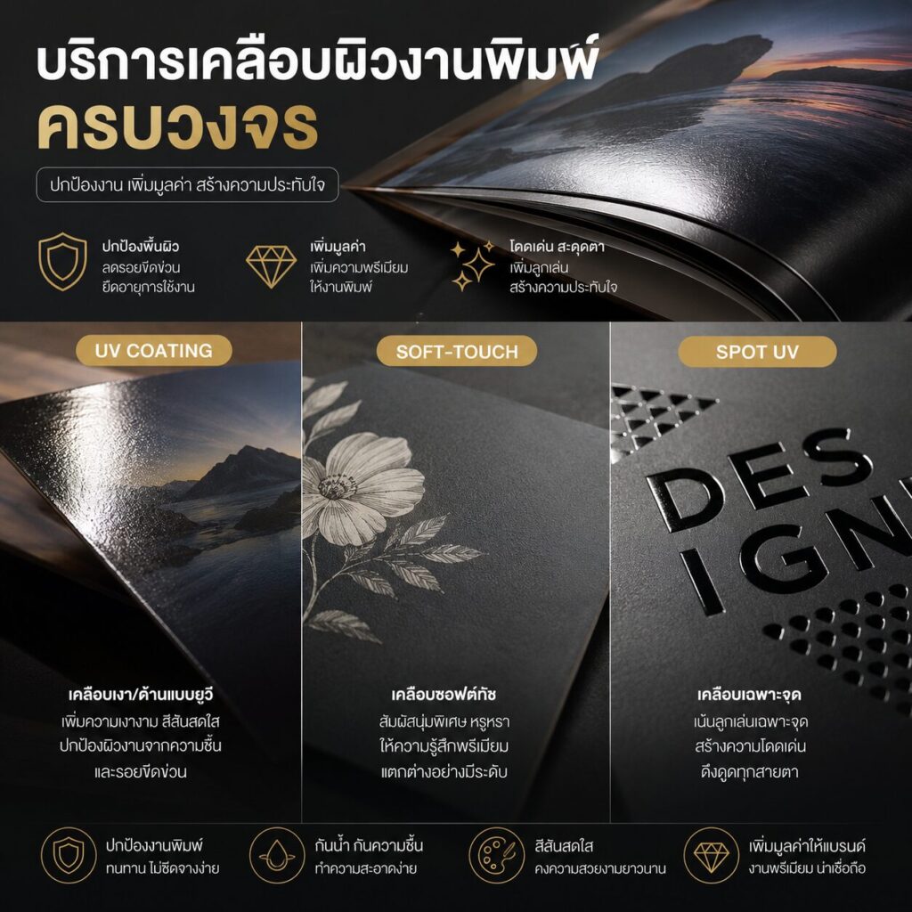 บริการเคลือบผิวงานพิมพ์ครบวงจร: UV, Soft-Touch, Spot UV ปกป้องงานเพิ่มมูลค่า