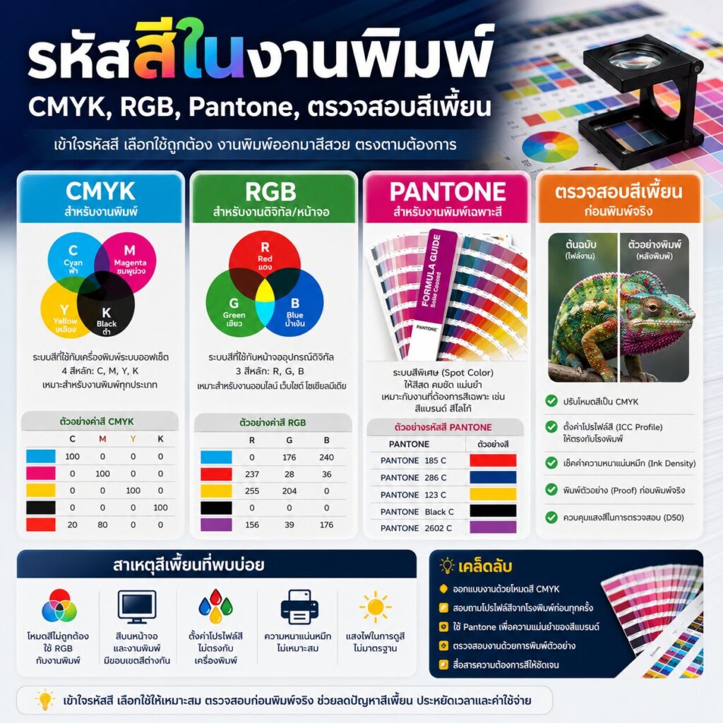รหัสสีในงานพิมพ์: CMYK, RGB, Pantone, ตรวจสอบสีเพี้ยน