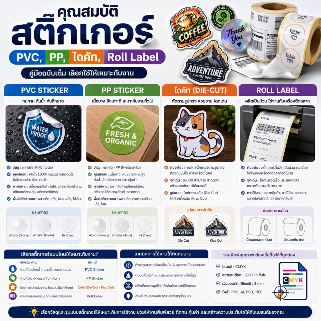 คุณสมบัติสติ๊กเกอร์: PVC, PP, ไดคัท, Roll Label คู่มือฉบับเต็ม