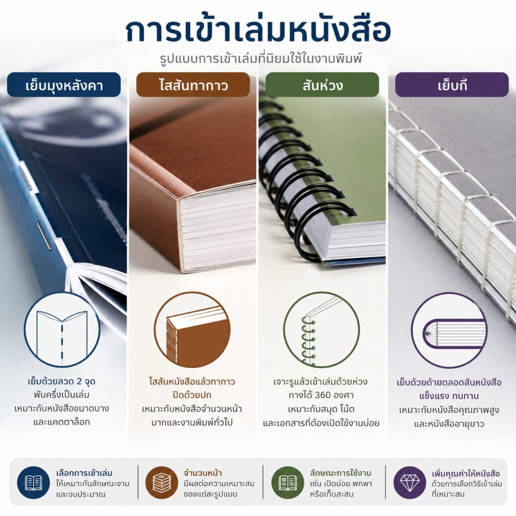 การเข้าเล่มหนังสือ: เย็บมุงหลังคา ไสสันทากาว สันห่วง เย็บกี่