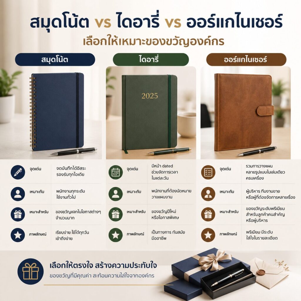 สมุดโน้ต vs ไดอารี่ vs ออร์แกไนเซอร์ เลือกให้เหมาะของขวัญองค์กร