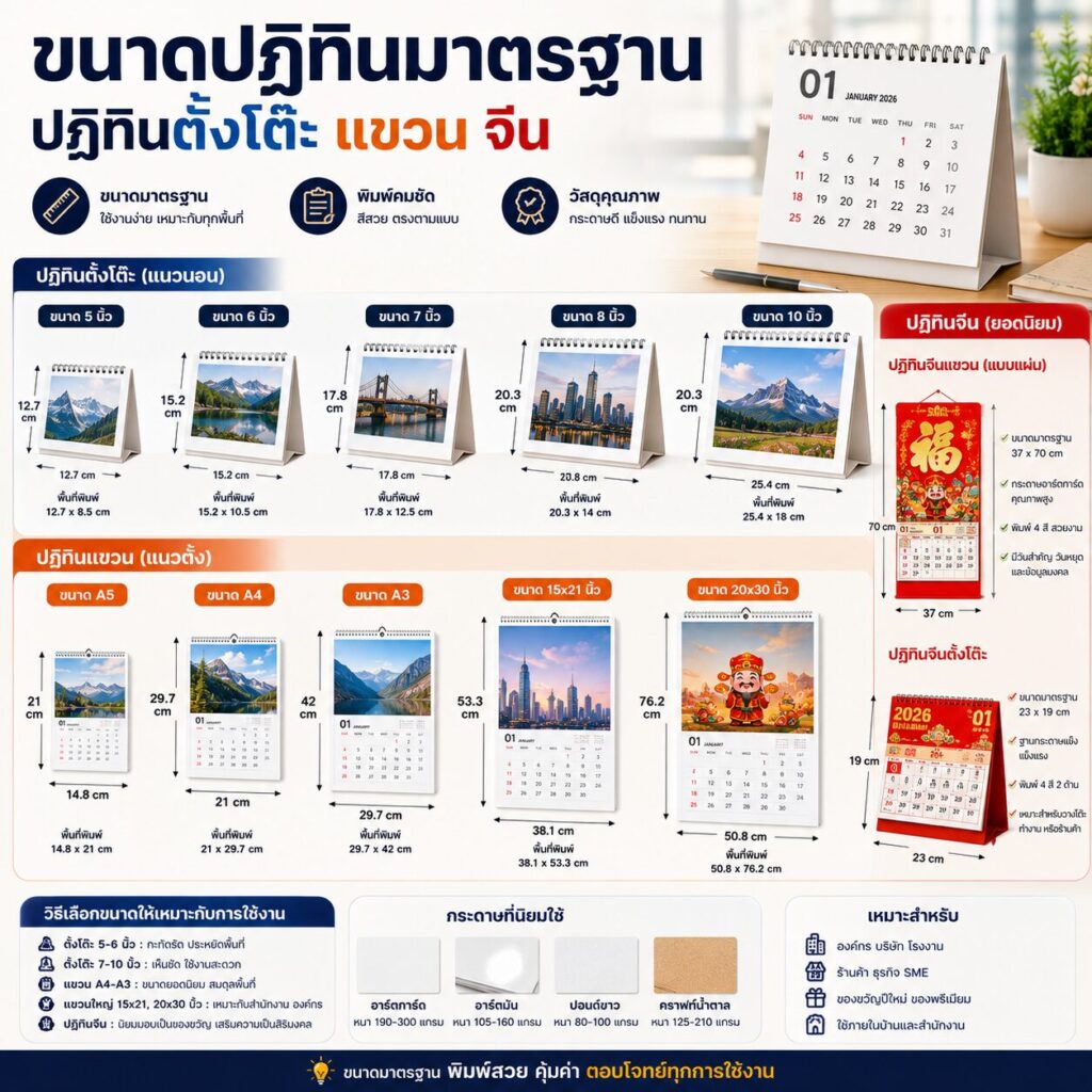 ขนาดปฏิทินมาตรฐาน | ปฏิทินตั้งโต๊ะ แขวน จีน | BPK Printing