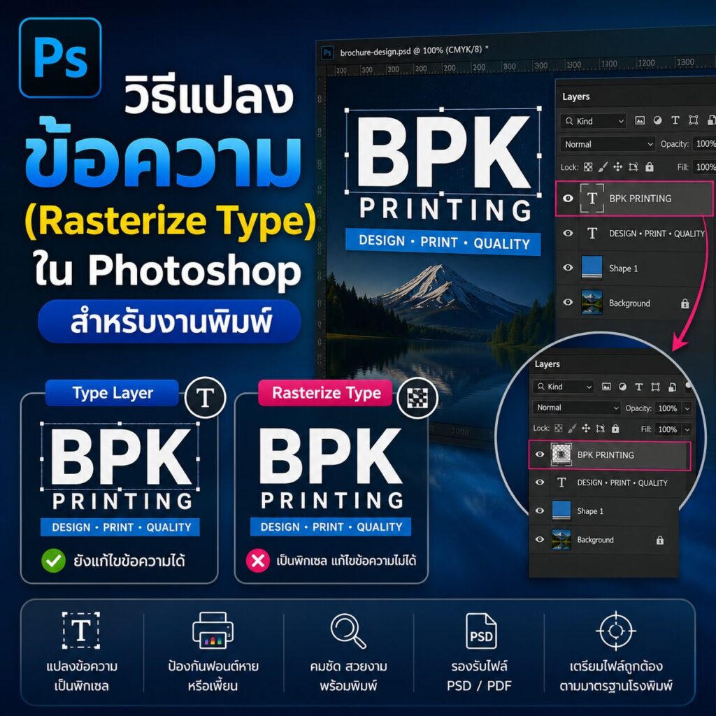 วิธีแปลงข้อความ (Rasterize Type) ใน Adobe Photoshop สำหรับงานพิมพ์ | BPK Printing