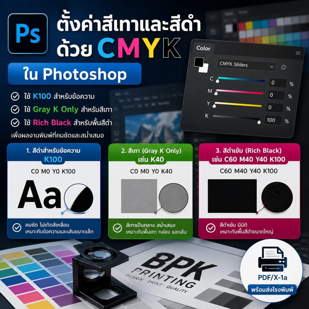 วิธีตั้งค่าสีเทาและสีดำด้วย CMYK ใน Adobe Photoshop | BPK Printing