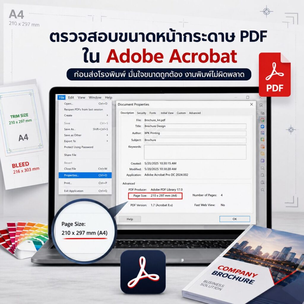 วิธีตรวจสอบขนาดหน้ากระดาษ PDF ใน Adobe Acrobat สำหรับงานพิมพ์ | BPK Printing