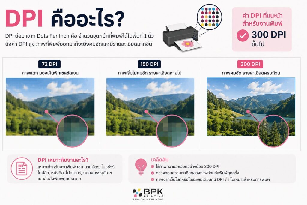 อินโฟกราฟิกอธิบาย DPI คืออะไร เปรียบเทียบความละเอียด 72 DPI 150 DPI และ 300 DPI สำหรับงานพิมพ์