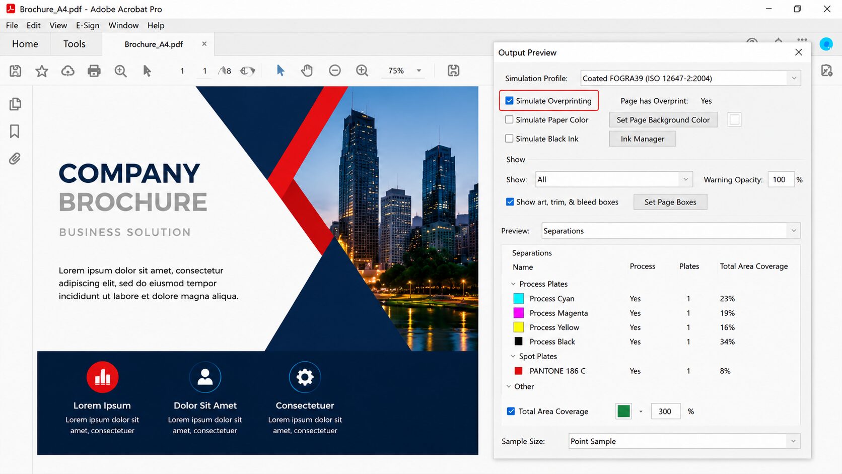 เปิด Simulate Overprinting ใน Adobe Acrobat เพื่อตรวจสอบ Overprint