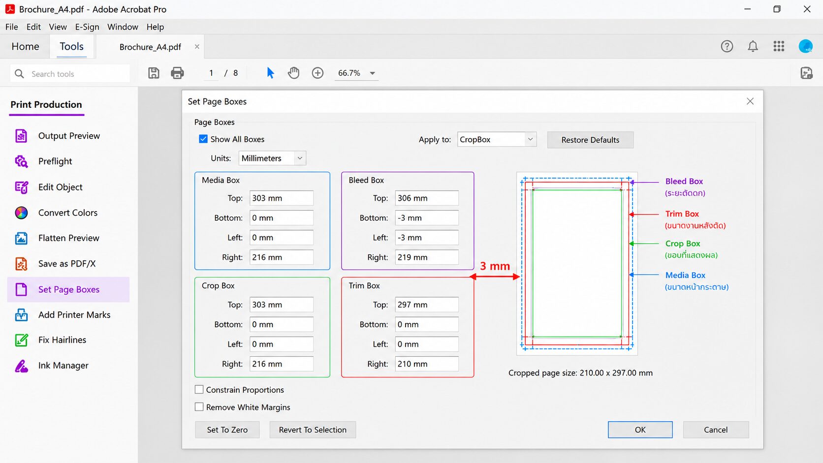 ตรวจสอบค่า Bleed Box และ Trim Box ของไฟล์ PDF ใน Adobe Acrobat