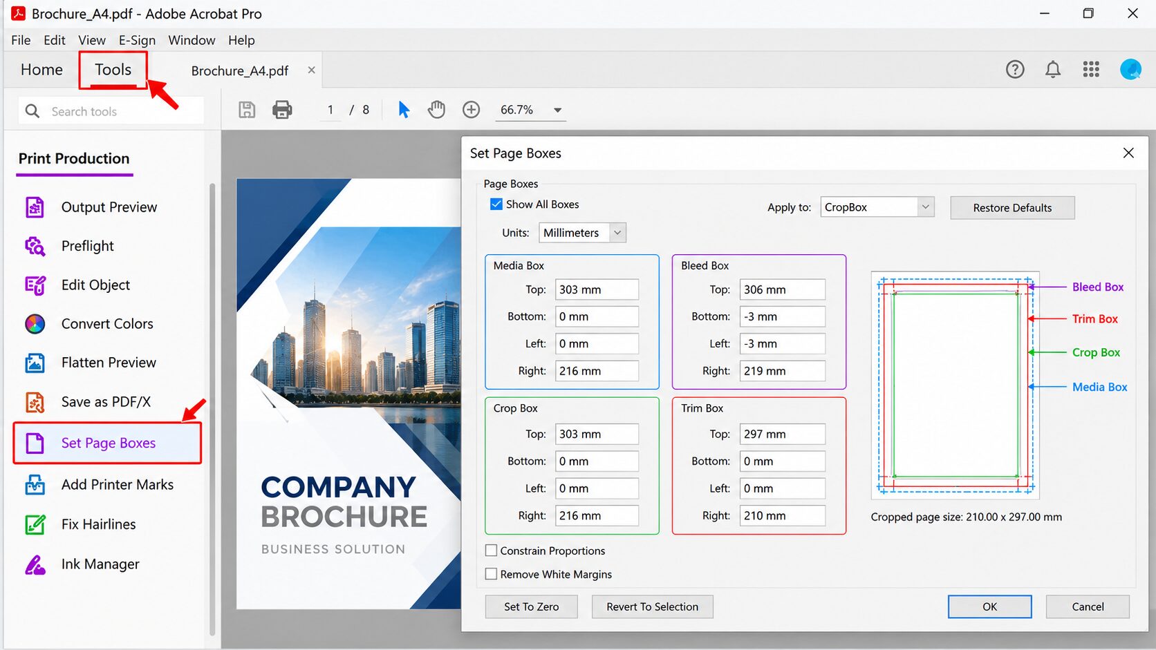 เปิดเครื่องมือ Set Page Boxes ใน Adobe Acrobat เพื่อตรวจสอบระยะตัดตกของไฟล์ PDF