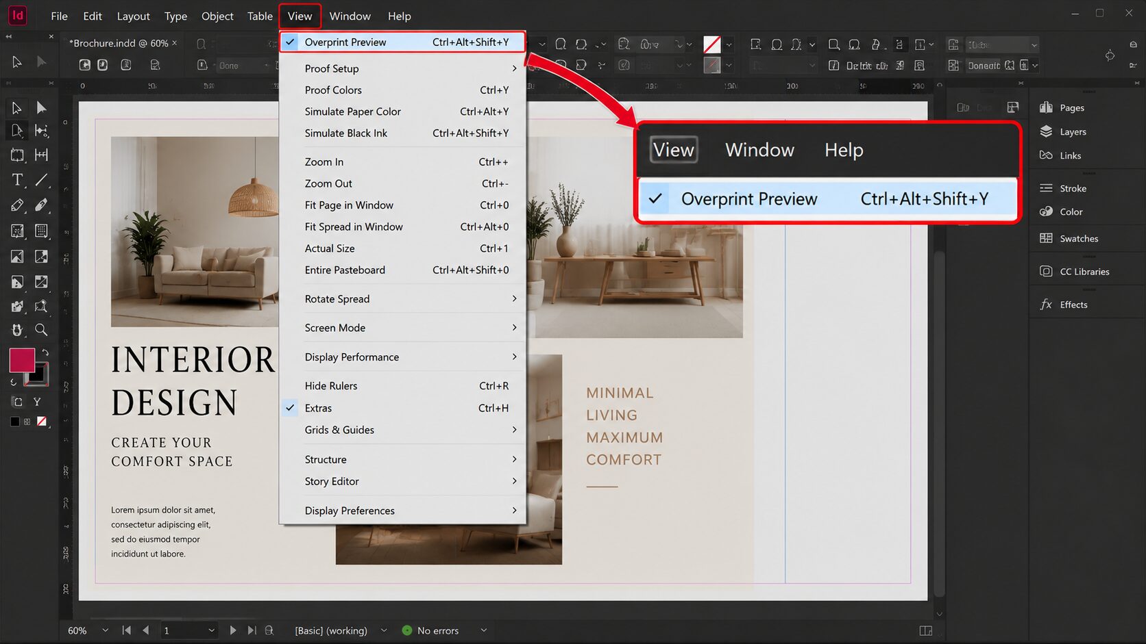 เปิดเมนู Overprint Preview ใน Adobe InDesign