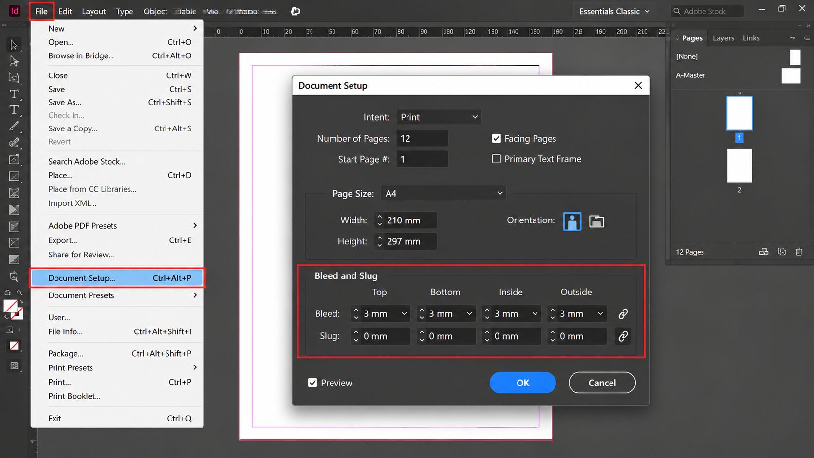 เปิดหน้าต่าง Document Setup ใน Adobe InDesign เพื่อกำหนด Bleed และ Slug