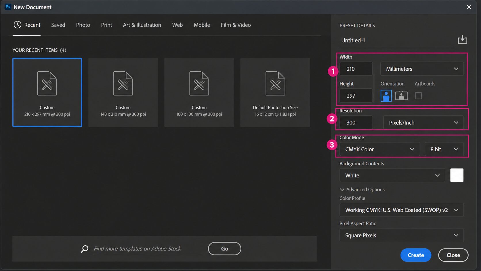 หน้าต่าง New Document พร้อมไฮไลต์ Width, Height, Resolution 300 PPI และ Color Mode (CMYK)