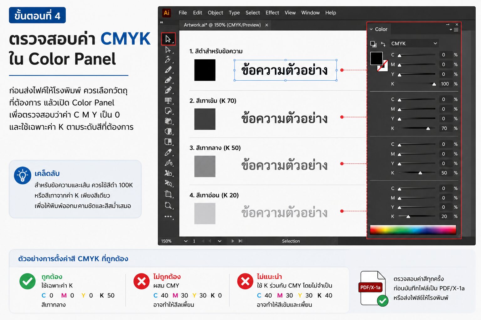 ตรวจสอบค่าสี CMYK ใน Color Panel ของ Adobe Illustrator ก่อนส่งไฟล์งานพิมพ์