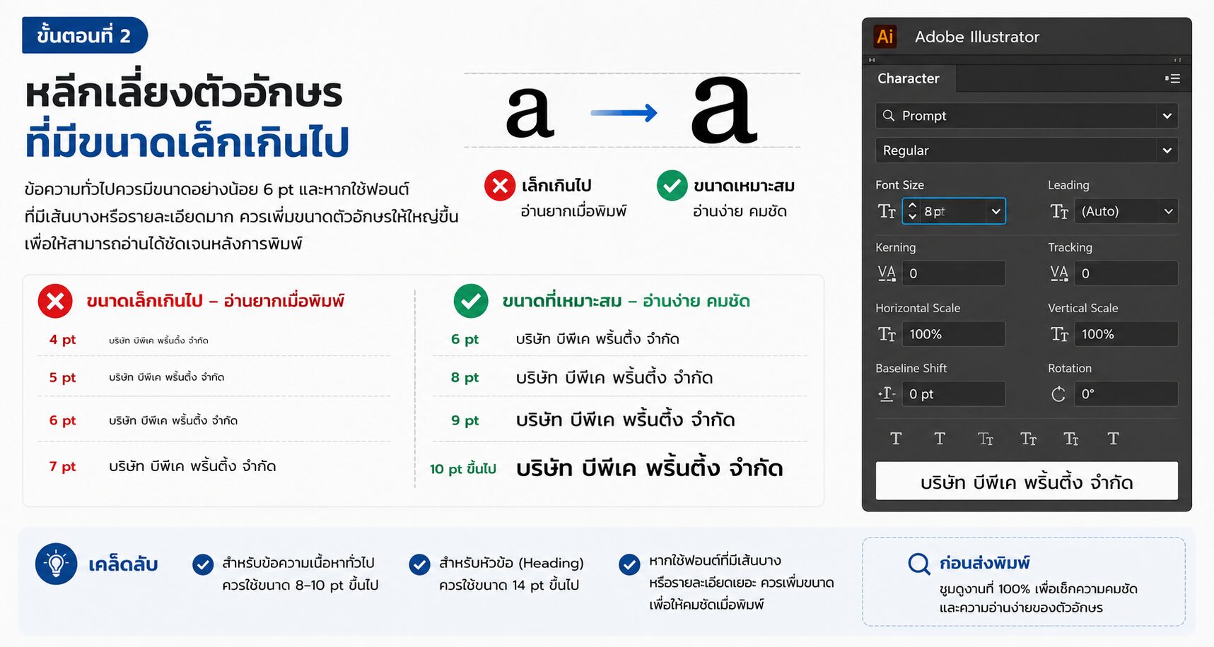 เปรียบเทียบตัวอักษรขนาดเล็กและขนาดที่เหมาะสมสำหรับงานพิมพ์ใน Adobe Illustrator ขอแนวนอน