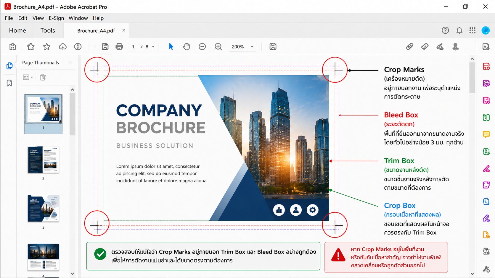ตรวจสอบตำแหน่ง Crop Marks เทียบกับ Trim Box และ Bleed Box ใน Adobe Acrobat