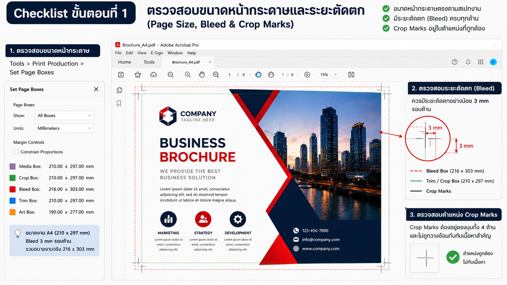 ตรวจสอบขนาดหน้ากระดาษและระยะตัดตก