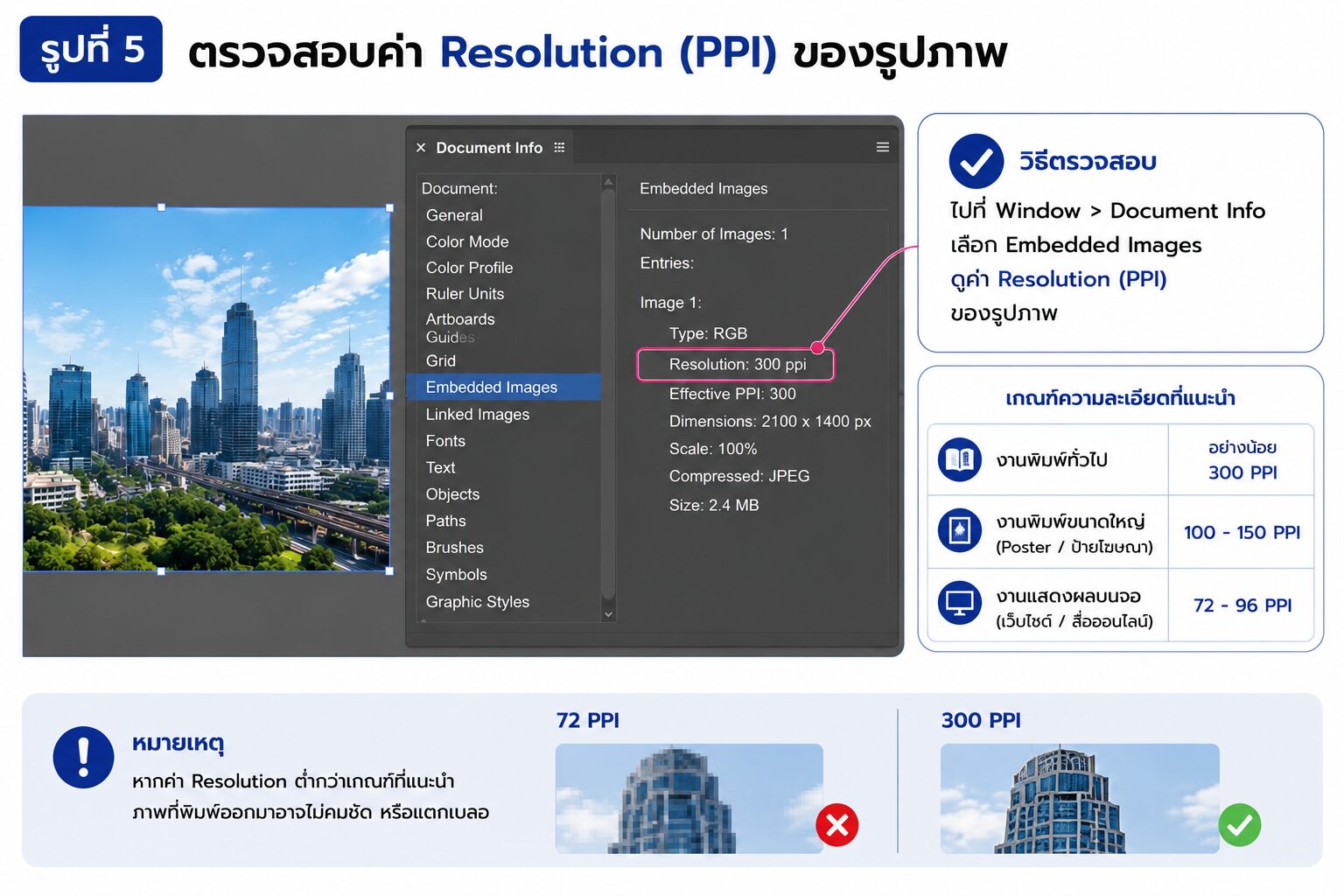 การตรวจสอบค่า Resolution (PPI) ของรูปภาพในหน้าต่าง Document Info ของ Adobe Illustrator เพื่อประเมินความเหมาะสมสำหรับงานพิมพ์