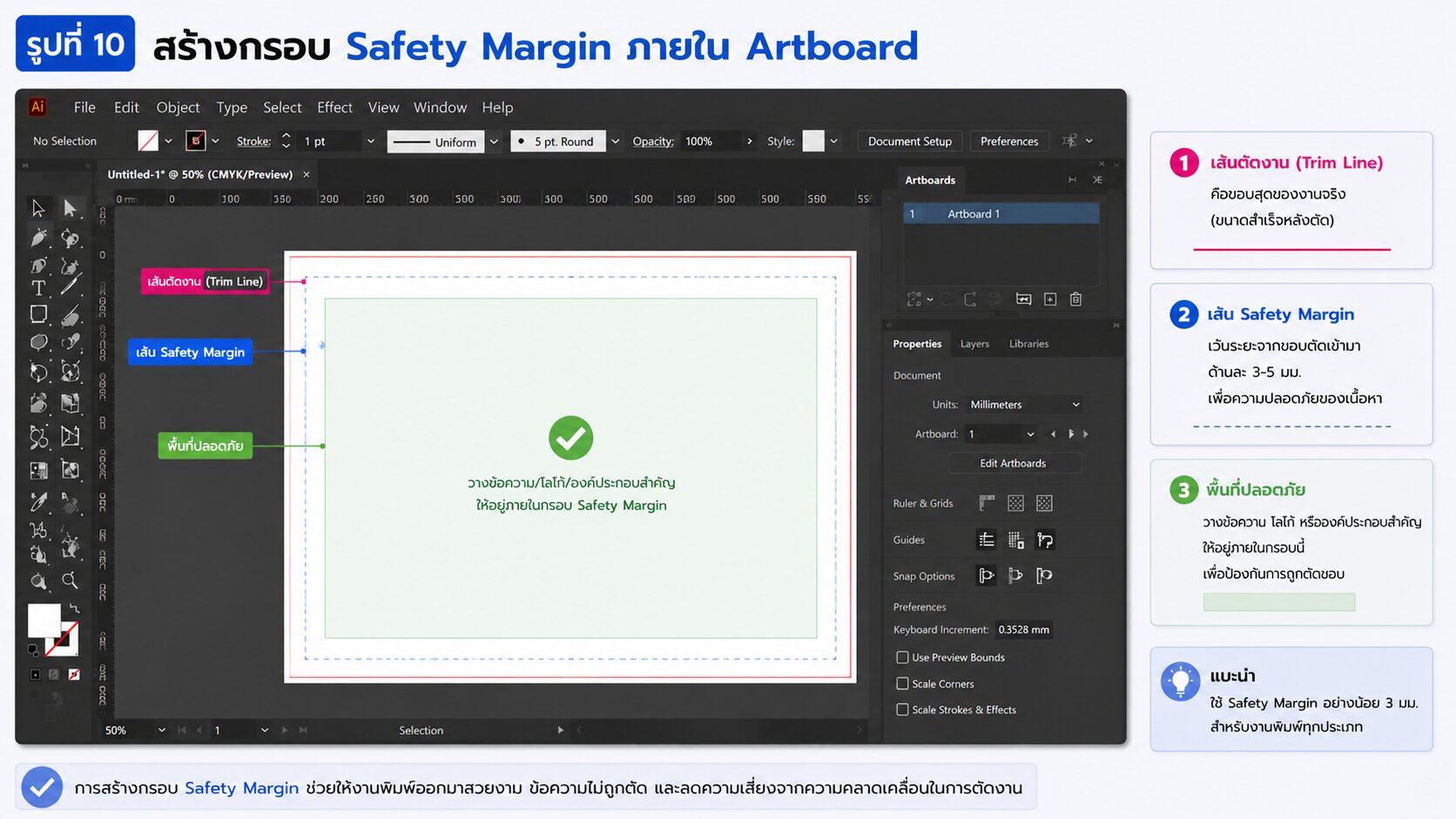 การสร้างกรอบ Safety Margin ภายใน Artboard ใน Adobe Illustrator เพื่อกำหนดพื้นที่ปลอดภัยสำหรับข้อความและองค์ประกอบสำคัญก่อนพิมพ์