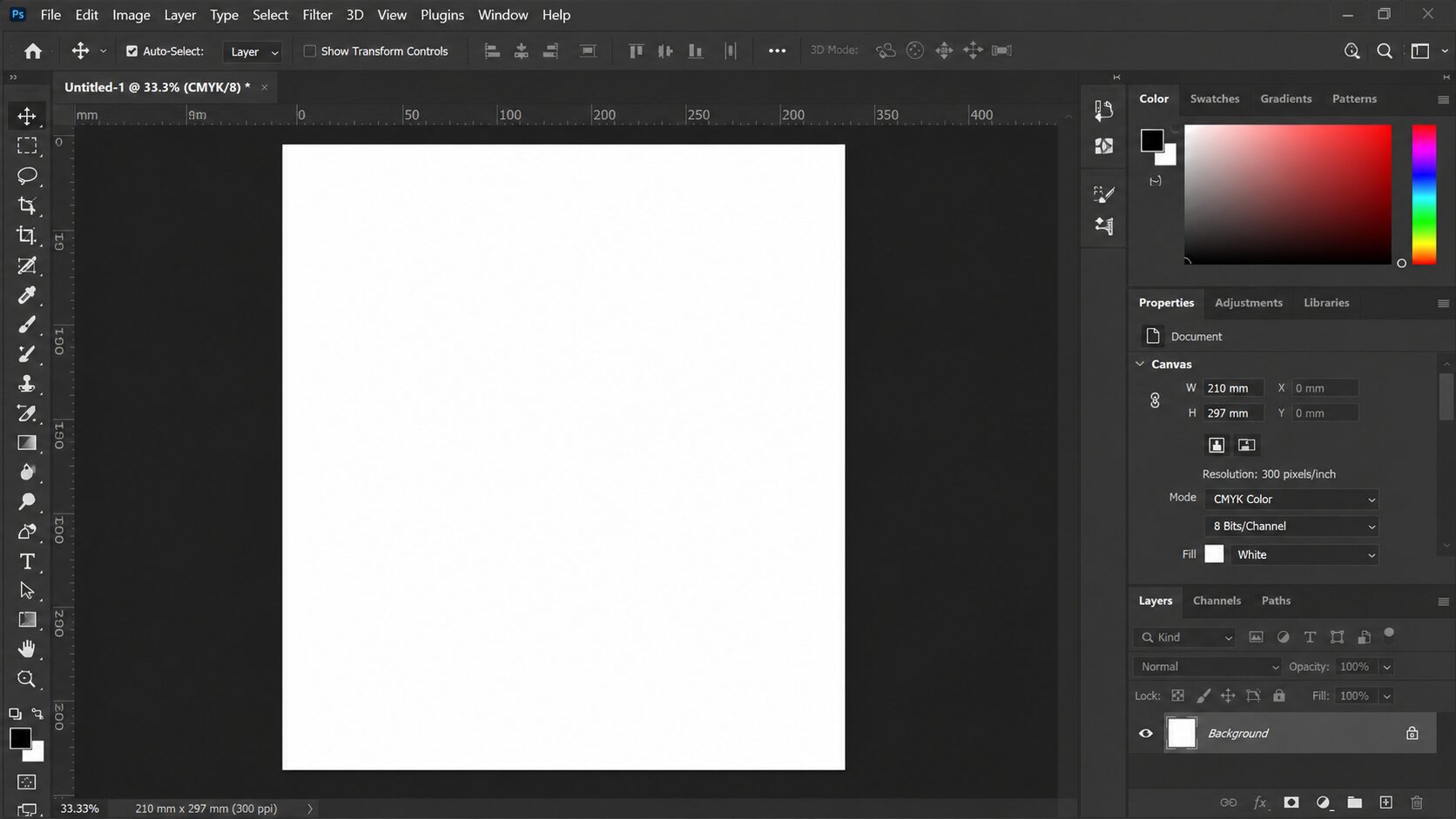 Workspace ของ Adobe Photoshop หลังสร้างไฟล์ใหม่เรียบร้อย