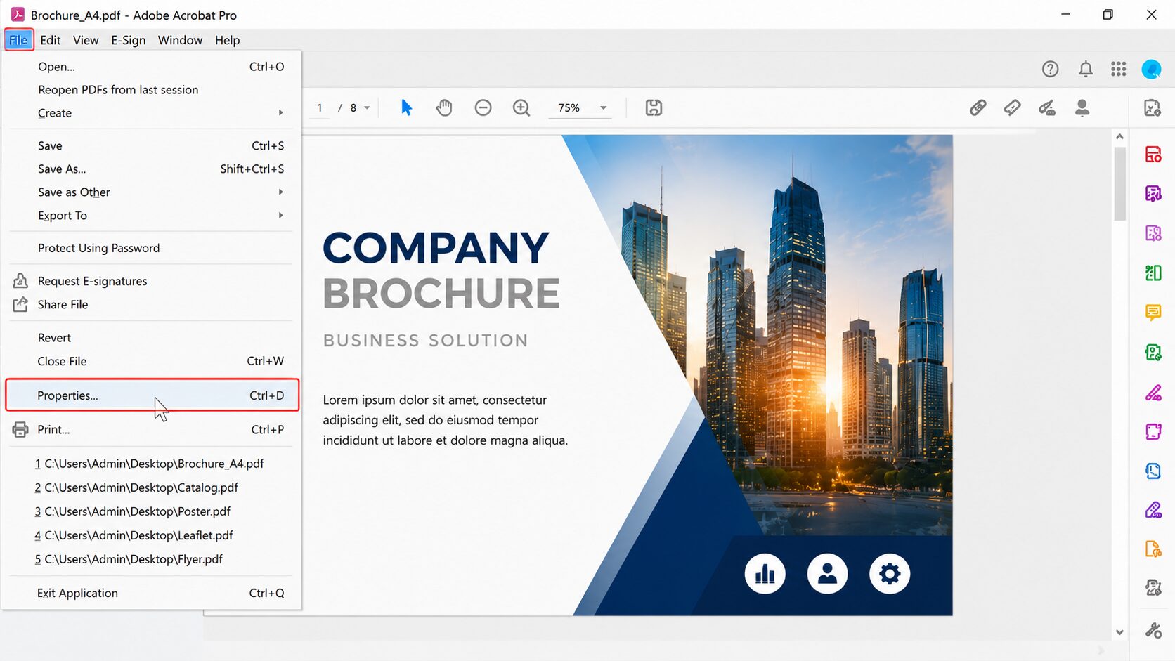 เปิด Document Properties ใน Adobe Acrobat เพื่อตรวจสอบฟอนต์ในไฟล์ PDF