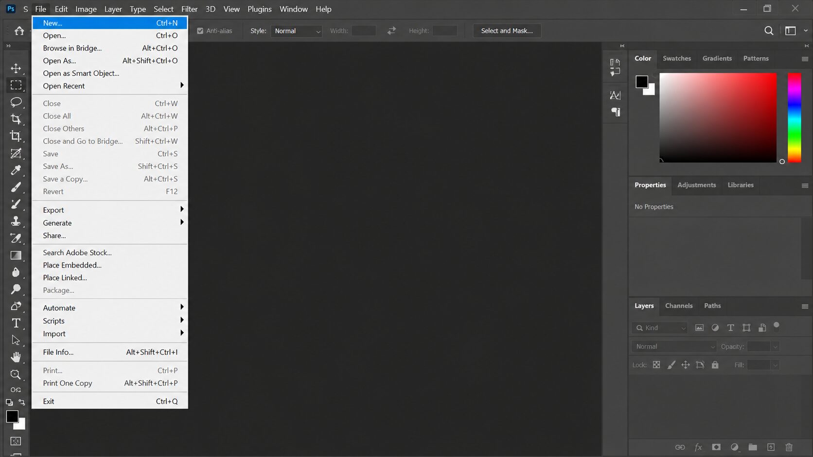 File > New สำหรับสร้างเอกสารใหม่ใน Adobe Photoshop