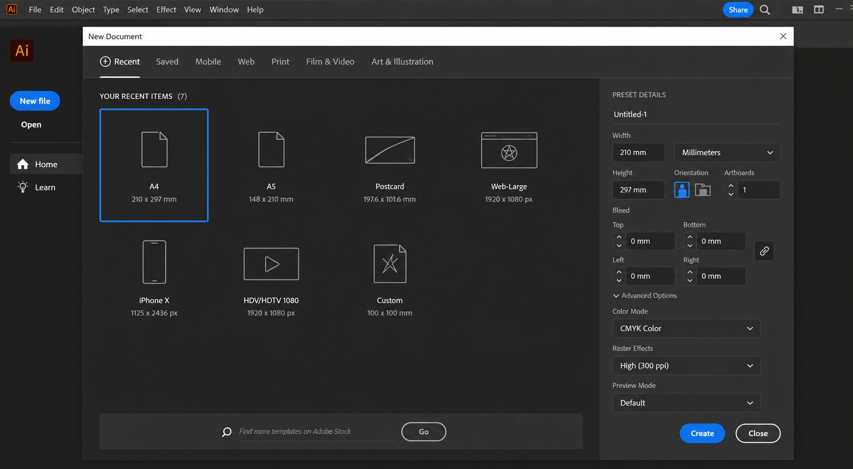 หน้าต่าง New Document ใน Adobe Illustrator สำหรับกำหนดขนาดเอกสารก่อนเริ่มออกแบบงานพิมพ์