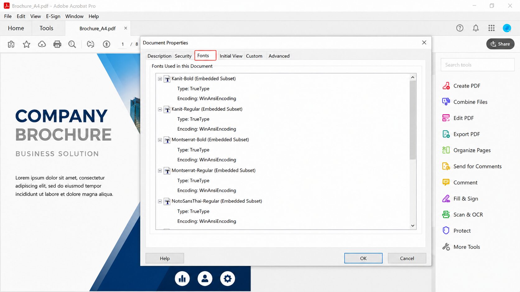 เปิดแท็บ Fonts ใน Adobe Acrobat เพื่อดูรายการฟอนต์ทั้งหมดในไฟล์ PDF