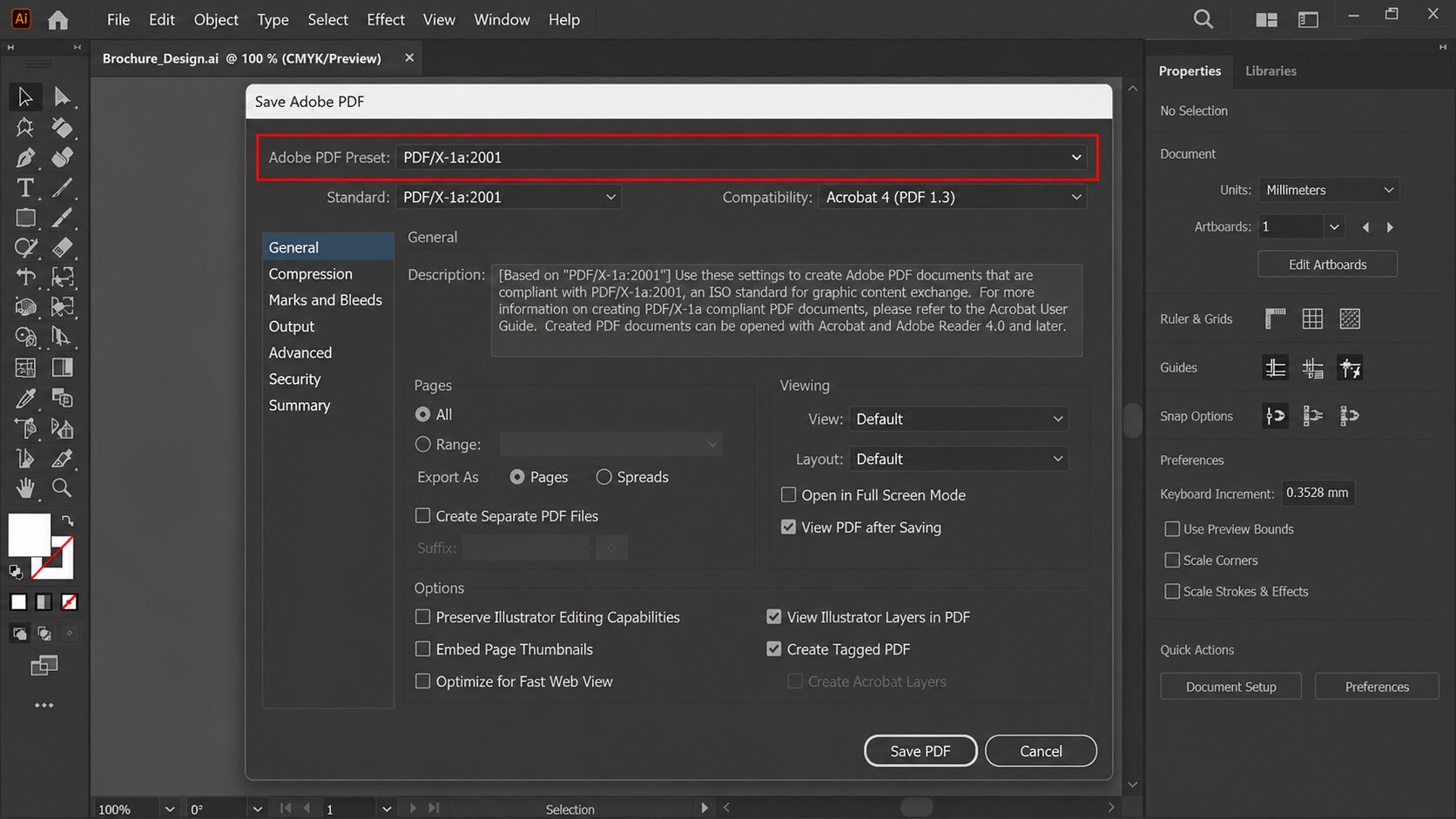 เลือก Adobe PDF Preset: PDF/X-1a:2001 ในหน้าต่าง Save Adobe PDF ของ Adobe Illustrator เพื่อบันทึกไฟล์ PDF ตามมาตรฐานงานพิมพ์ก่อนส่งโรงพิมพ์