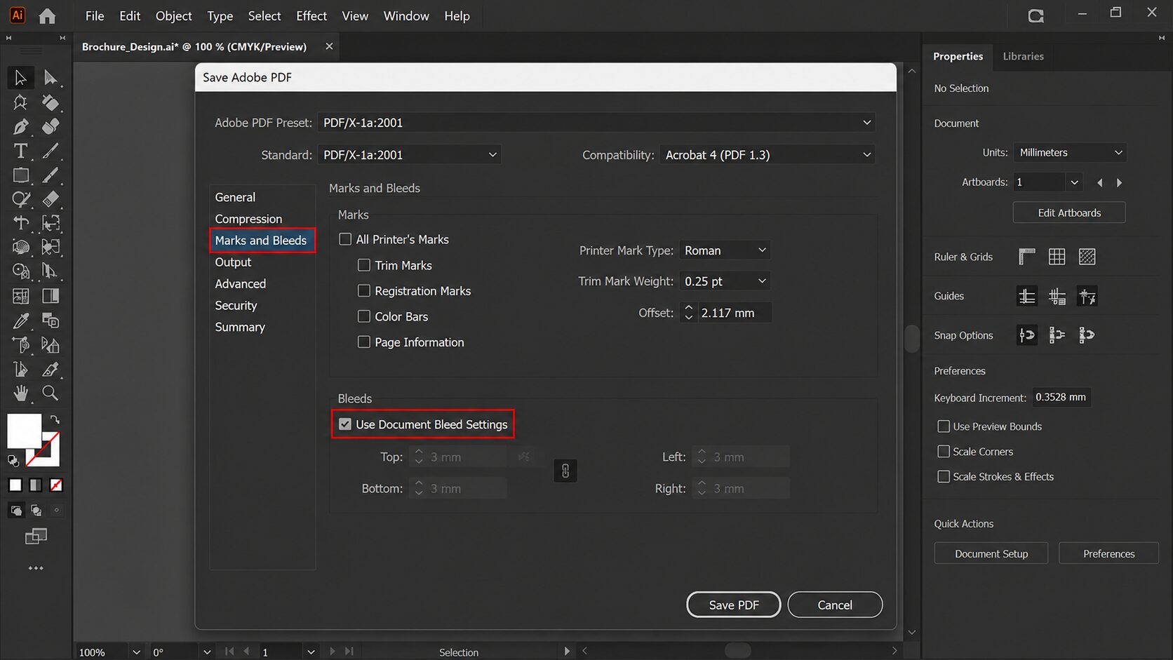 เปิดแท็บ Marks and Bleeds และเลือก Use Document Bleed Settings ในหน้าต่าง Save Adobe PDF ของ Adobe Illustrator เพื่อใช้ค่า Bleed ของเอกสารสำหรับงานพิมพ์โดยอัตโนมัติ
