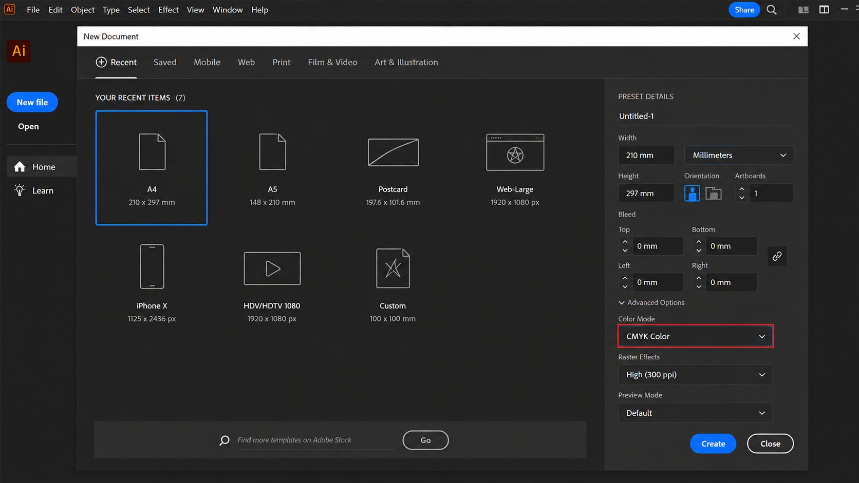 การตั้งค่า Color Mode เป็น CMYK ใน Adobe Illustrator สำหรับงานพิมพ์