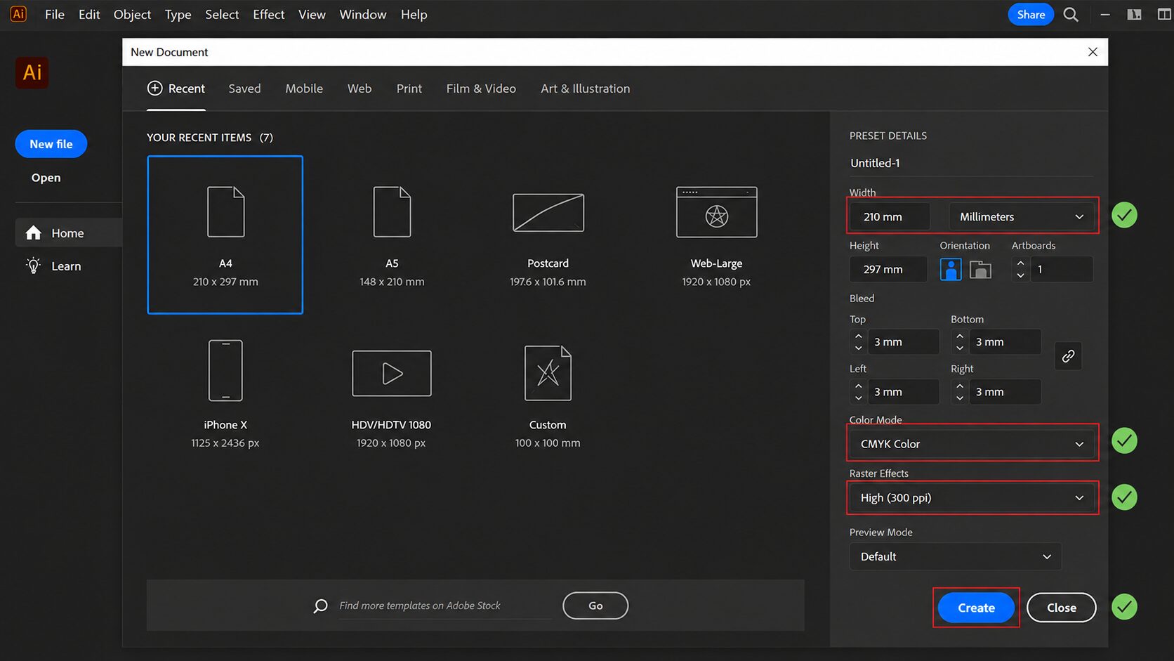 ตรวจสอบการตั้งค่าเอกสารใน Adobe Illustrator ก่อนกด Create เพื่อสร้างไฟล์งานพิมพ์