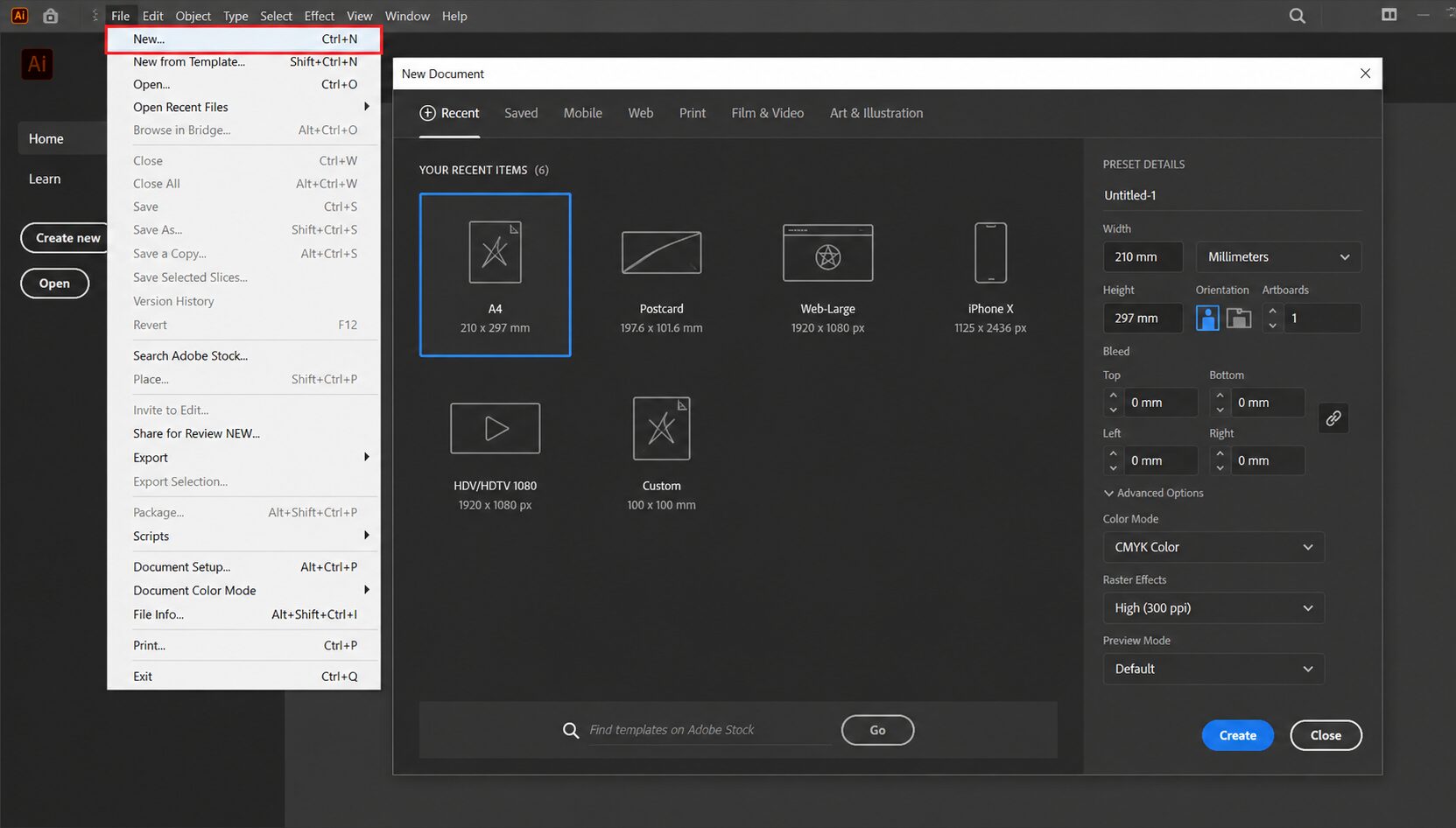 วิธีสร้างไฟล์ใหม่ใน Adobe Illustrator สำหรับงานพิมพ์ โดยเลือกเมนู File > New