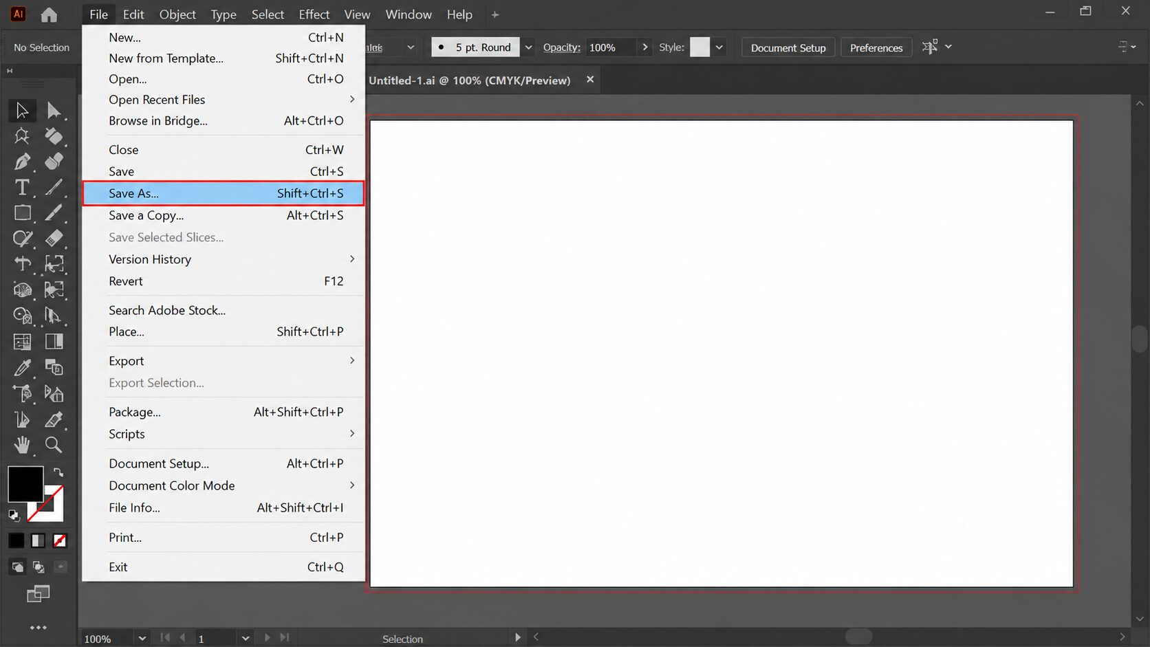 เลือกเมนู File > Save As ใน Adobe Illustrator เพื่อเริ่มบันทึกไฟล์สำหรับสร้าง PDF/X-1a และเตรียมส่งงานพิมพ์ให้โรงพิมพ์อย่างถูกต้อง