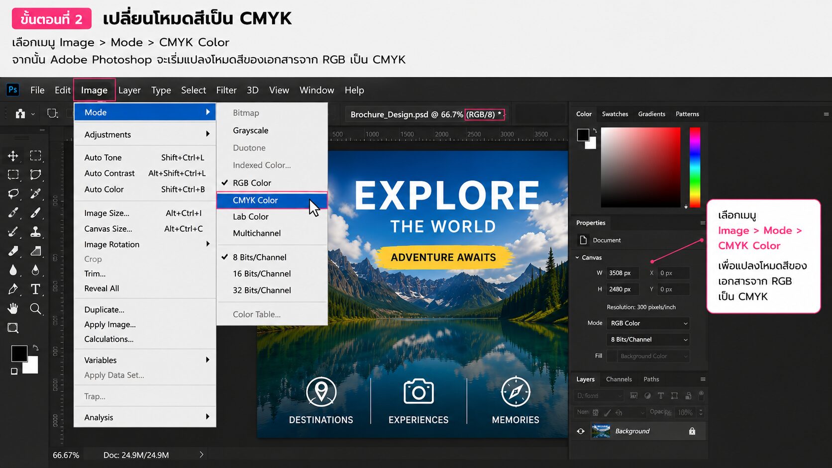 เมนู Image > Mode > CMYK Color พร้อมไฮไลต์คำสั่ง CMYK Color
