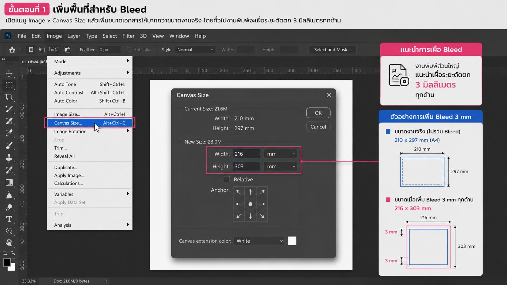 หน้าต่าง Canvas Size พร้อมไฮไลต์ Width และ Height สำหรับเพิ่ม Bleed