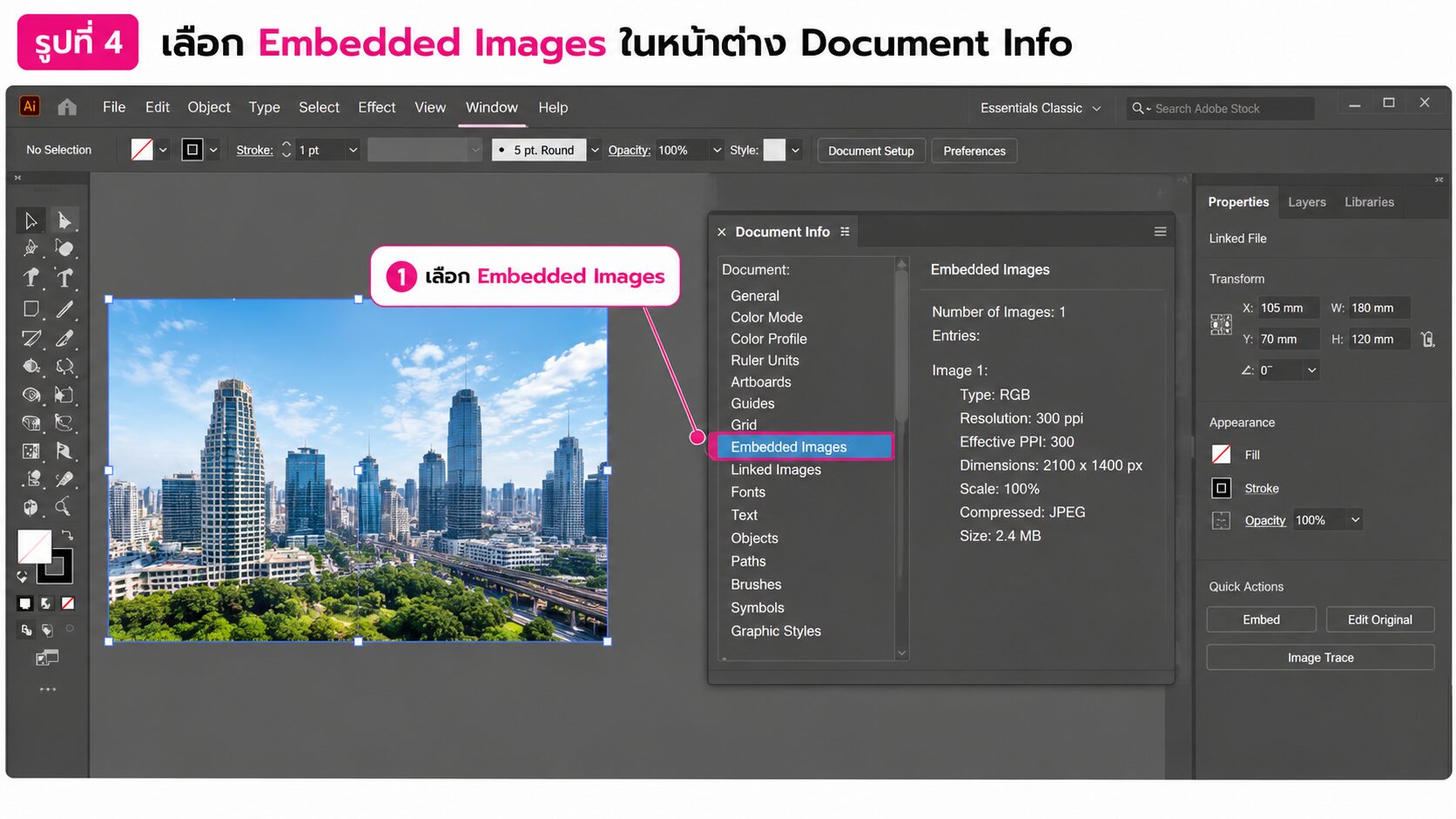 การเลือก Embedded Images ในหน้าต่าง Document Info ของ Adobe Illustrator เพื่อตรวจสอบข้อมูลและความละเอียดของรูปภาพสำหรับงานพิมพ์