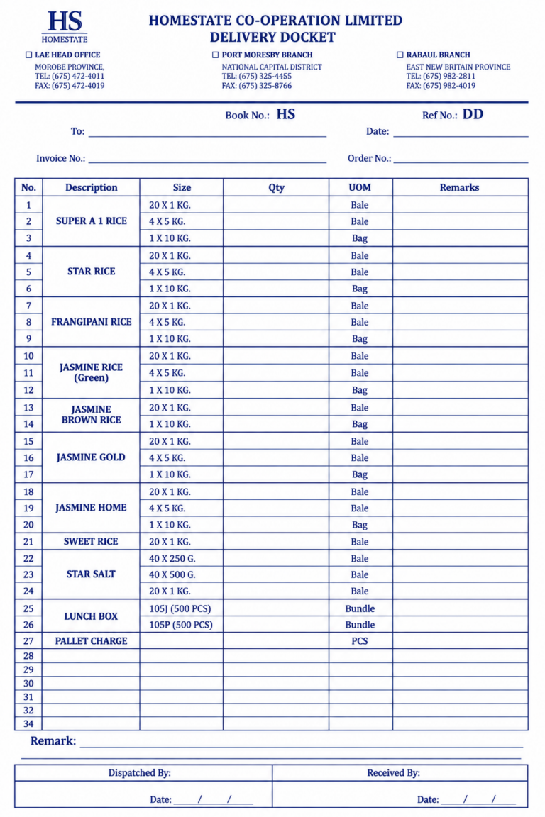 ตัวอย่างงานพิมพ์ Delivery Docket ใบส่งสินค้า พร้อมรายละเอียดสินค้า ขนาด จำนวน หน่วย และช่องผู้ส่งกับผู้รับ