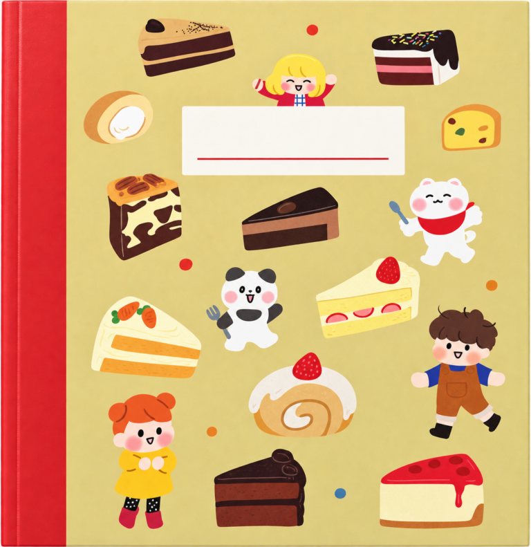ตัวอย่างไดอารี่ปกกระดาษจั่วปังสีเหลือง ลายการ์ตูนขนมเค้กและตัวละคร พร้อมสันปกสีแดง