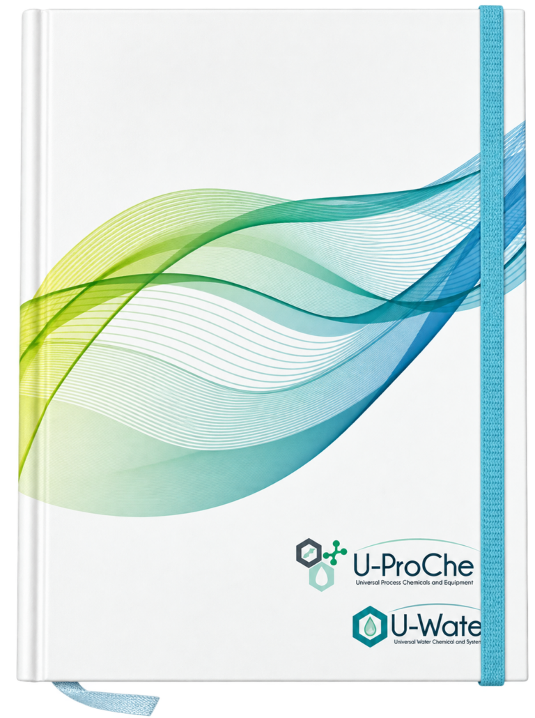 ตัวอย่างไดอารี่ปกกระดาษจั่วปังพร้อมยางยืดสีฟ้า พิมพ์กราฟิก U-ProChe และ U-Water