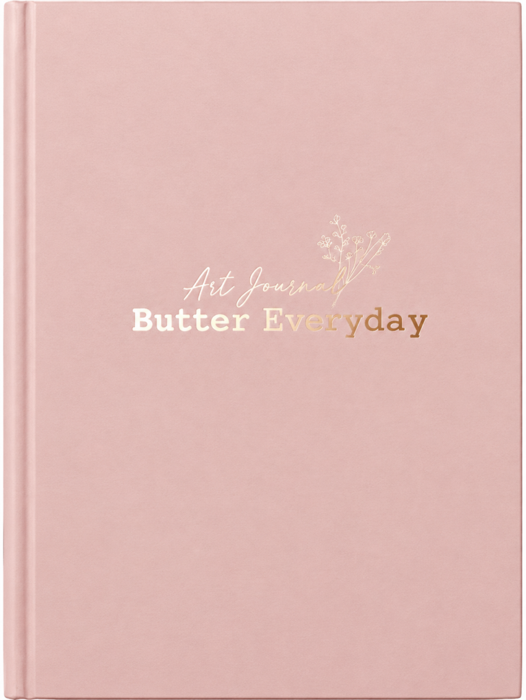 ตัวอย่างไดอารี่ปกกระดาษจั่วปังสีชมพู พิมพ์ข้อความ Art Journal Butter Everyday บนหน้าปก