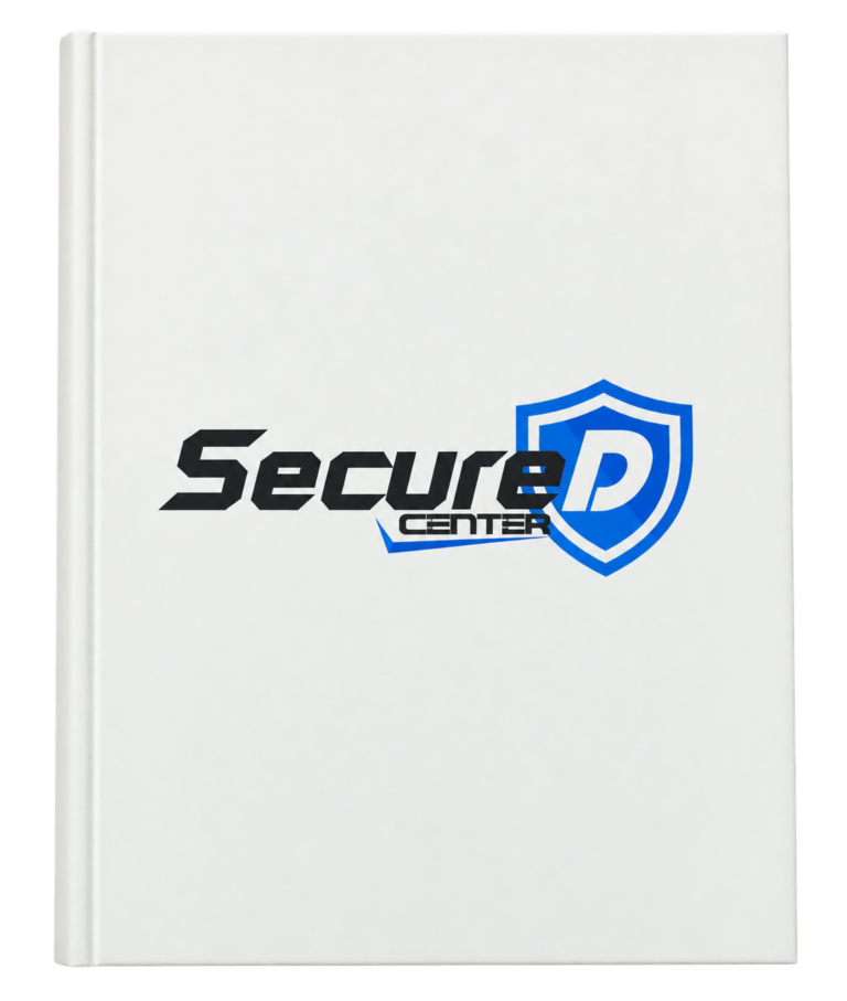 ตัวอย่างงานไดอารี่ปกกระดาษจั่วปังสีขาว พิมพ์โลโก้ Secure D Center สีน้ำเงินดำกลางหน้าปก